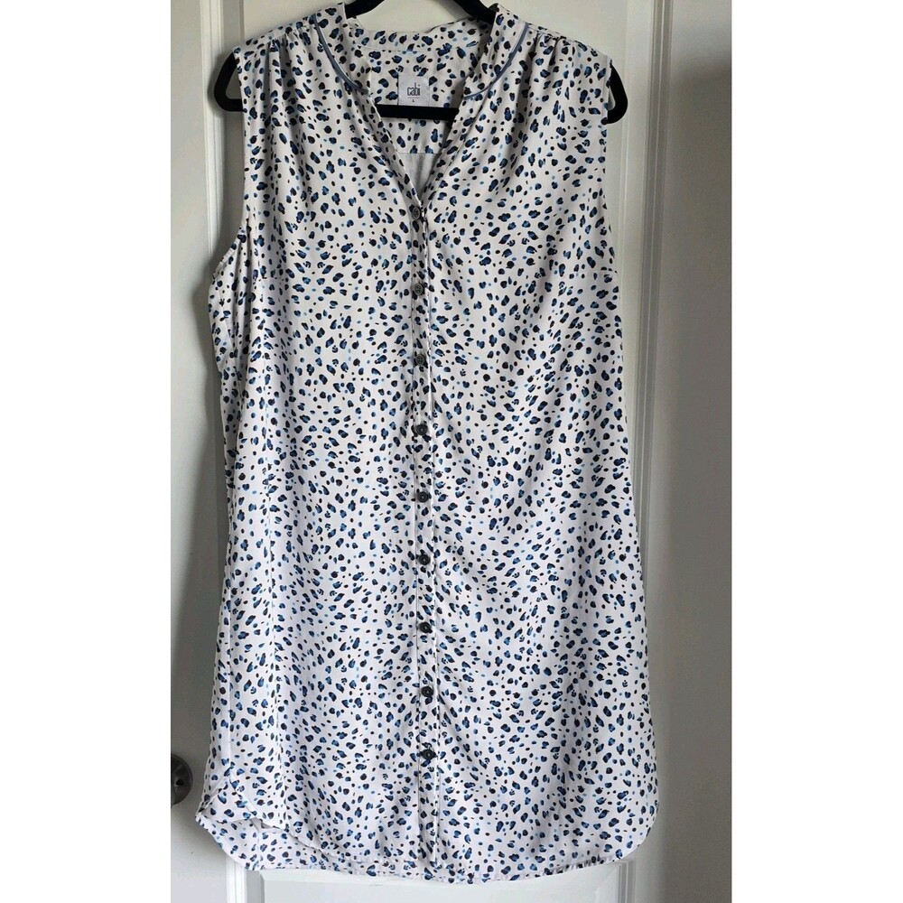 Women's CABI White Blue Brown Polyester Button Shirt Shift Dress Size L